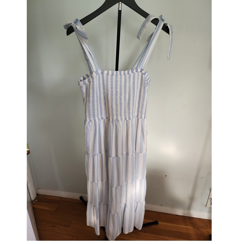 J.Crew‎ Re-Imagined Smocked Tiered Midi Dress Blue White Stripe Tie Shoulder S